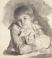 A seated boy holding a candle wrapped in paper - French School