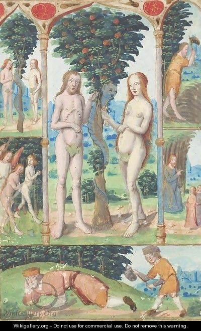Adam and Eve with the Tree of Knowledge surrounded by the story of Adam and Eve - French School