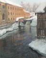 A River Cascade among Factory Buildings on a Winter's Day - Fritz Thaulow