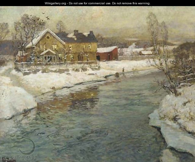 A Cottage by a Canal in the Snow - Fritz Thaulow