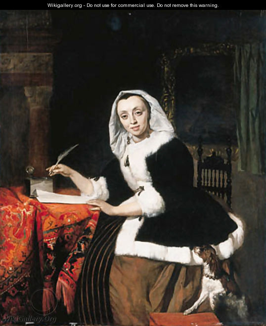 An elegant lady writing at her desk, with a dog beside her - Gabriel Metsu