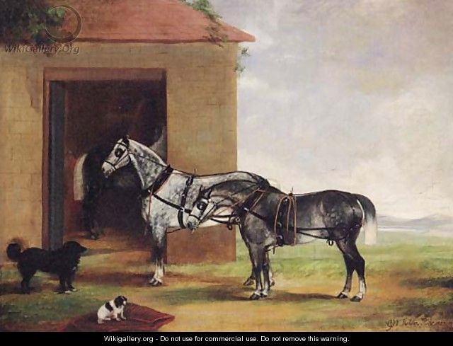 Two dapple grey Carriage Horses with Dogs outside a Stable - G. W. Miller