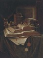 Books, roses and a vase of water on a draped table before an engraving - G. Kalla Priechenfeld
