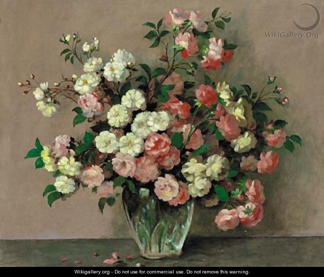 Pink And White Roses In A Vase On A Table - Alexandre Gabriel Decamps
