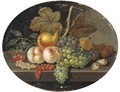 Grapes, peaches, a pear, walnuts, cherries and currants on a ledge - French School