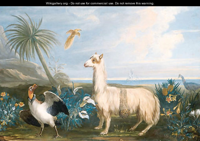 A Lama, a Dodo and other exotic Birds in a Tropical Landscape - French School