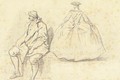 A seated figure in a heavy coat and a woman - French School