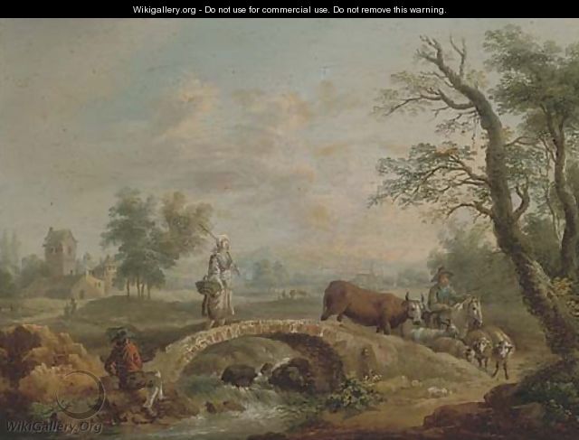 A river landscape with a shepherd and shepherdess crossing a bridge - French School
