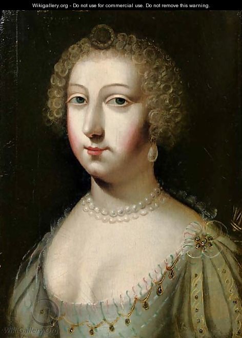 Portrait of a lady, bust-length, in a white dress, a string of pearls around her neck - French School