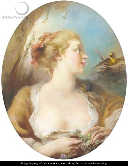 Portrait of a lady, half length, listening to a songbird - French School
