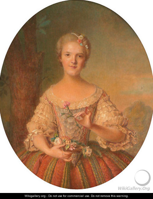Portrait of a lady, half length, holding a pink carnation - French School