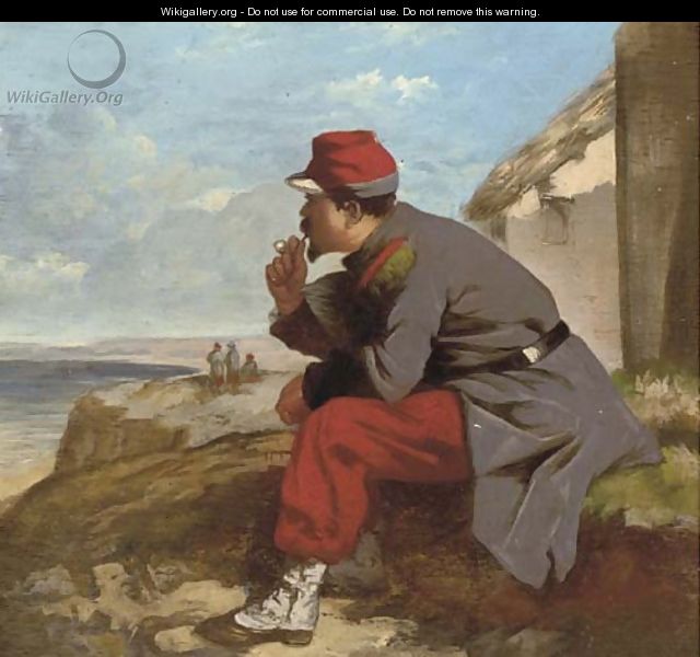 A soldier waiting for the boats to come in - French School