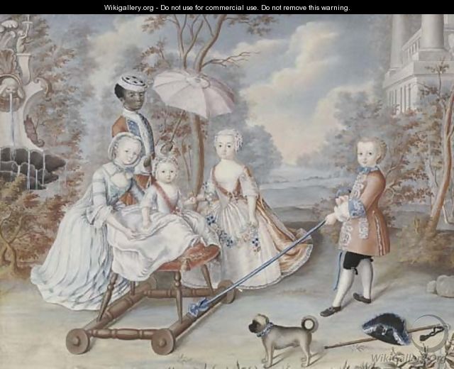The children of a noble family playing in an elegant park attended by a page, a pug in the foreground - French School