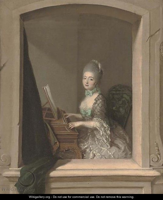 Portrait of a lady, seated, three-quarter-length, at a harpsichord, by a casement - French School
