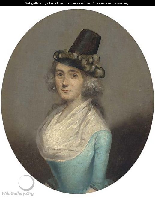 Portrait of a lady, half-length, wearing a black bonnet and blue dress - French School