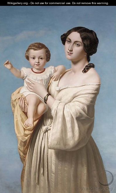 Portrait of a mother, standing, with her child in her arms - French School