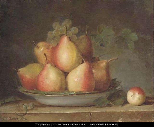 Pears and grapes on the vine in a dish on a ledge - French School