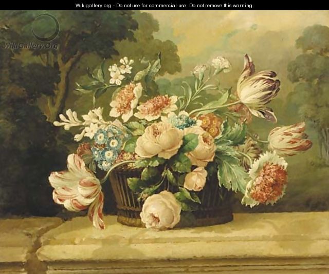 Mixed flowers in a basket on a stone ledge - French School