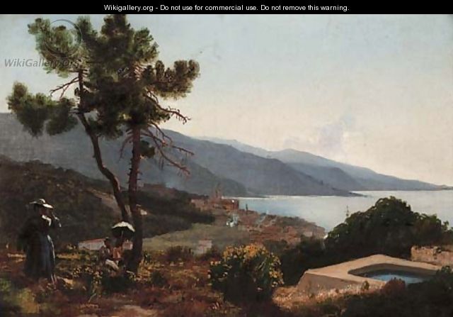 Figures by a well with the town of Menton beyond - French School