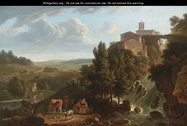 An Italianate river landscape with a village on a cliff and two shepherdesses by a waterfall - French School