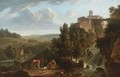 An Italianate river landscape with a village on a cliff and two shepherdesses by a waterfall - French School