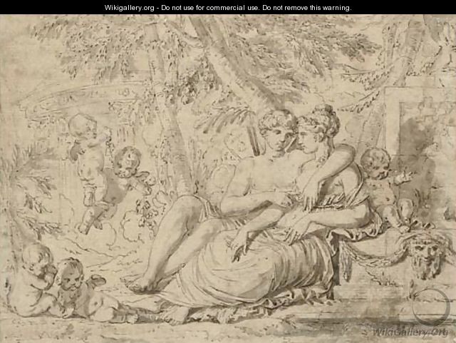 Venus and Adonis with cupids in a bower - French School