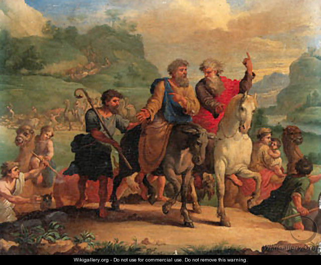 Moses and Aaron leading the Israelites in the Exodus - French School