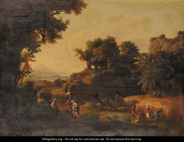 An Italianate river Landscape at Sunset with Ruth meeting Boaz - French School