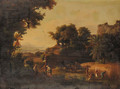 An Italianate river Landscape at Sunset with Ruth meeting Boaz - French School