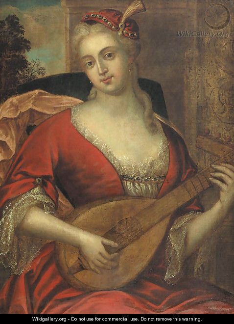 Portrait of a lady wearing a red dress with lace chemise and feathered red cap, playing the lute - French School