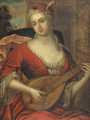 Portrait of a lady wearing a red dress with lace chemise and feathered red cap, playing the lute - French School