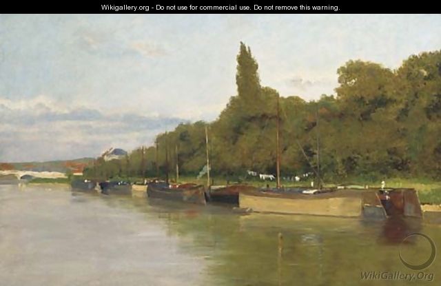 Barges moored on a riverbank - French School
