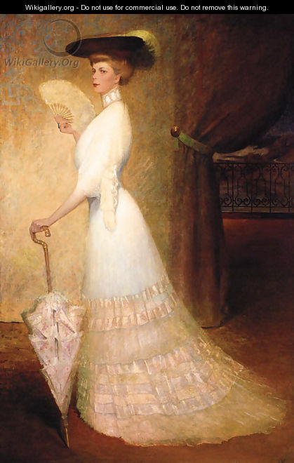 An Elegant Lady In A White Dress With A Parasol And A Fan - French School