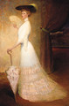 An Elegant Lady In A White Dress With A Parasol And A Fan - French School