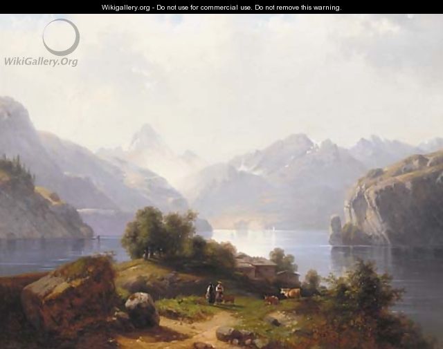 Neatherds by a lake in a mountainous landscape - French School