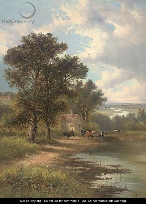 Cattle watering before a cottage; and A boy in a punt in an extensive landscape - Frederick George Dupont