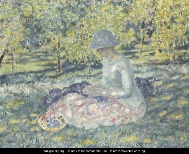 Woman Seated in a Park with Basket - Frederick Carl Frieseke