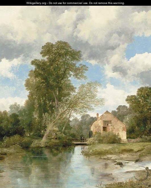 A wooded river landscape with figures on a bridge by a watermill - Frederick Richard Lee