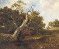 A figure by a river in a wooded river landscape - Frederick Richard Lee