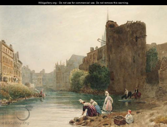 Women washing clothes in a French town river - Frederick Nash