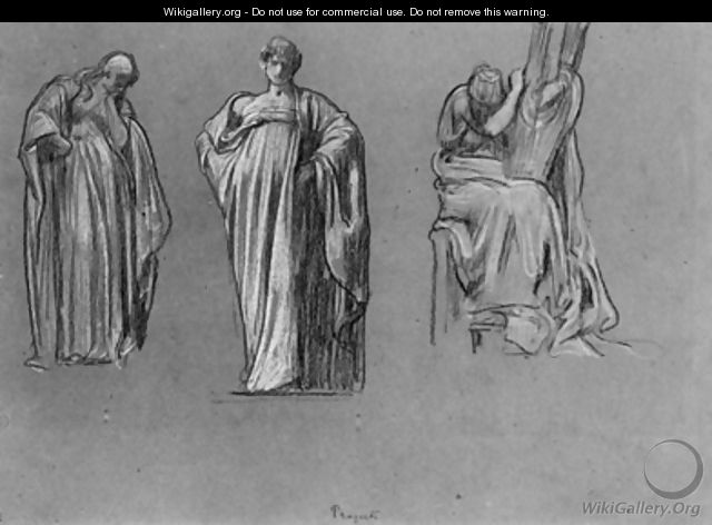 Studies of heavily draped female figures, one playing a lyre - Lord Frederick Leighton