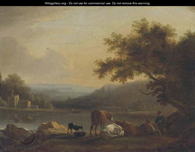 Figures and cattle on a river bank at evening - Frederick William Hulme