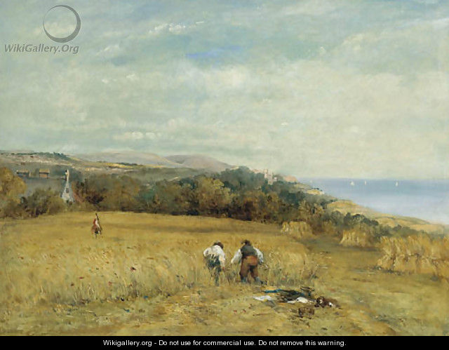 Harvesters in a cornfield on the Isle of Wight, Flambro castle beyond - Frederick Waters Watts