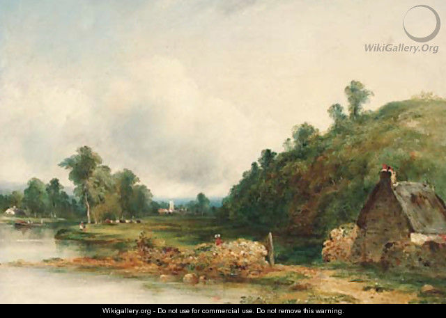 Figures by a river in a wooded landscape, a cottage in the foreground and a village beyond - Frederick Waters Watts