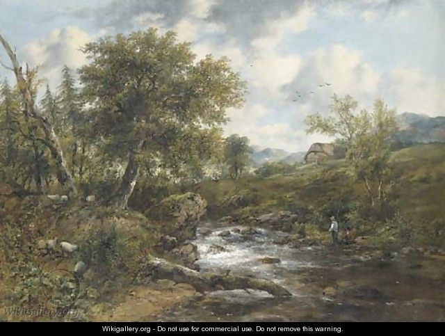 A wooded river landscape with fishermen and sheep on the banks, a cottage beyond - Frederick Waters Watts