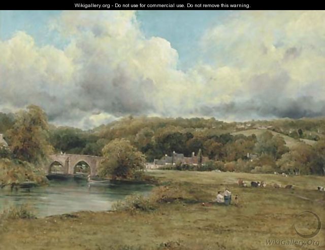 A Wooded River Landscape With A Hamlet By A Bridge, And A Village On A Hill Beyond, Traditionally Identified As Near Abingdon, Berkshire - Frederick Waters Watts