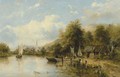 A wooded river landscape with a ferry in the foreground and a village beyond, traditionally identified as 'On the Stour' - Frederick Waters Watts