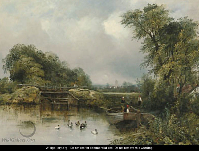 A wooded river landscape with a barge by a lock, a village beyond - Frederick Waters Watts