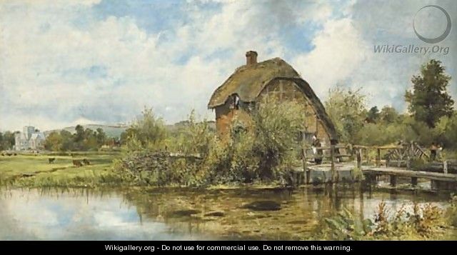 A figure by a mill cottage in a river landscape with a village in the distance, traditionally believed to be near Winchester, Hampshire - Frederick Waters Watts