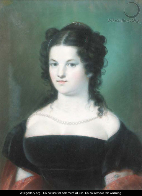 A portrait of a lady wearing a black dress and a string of pearls - French School
